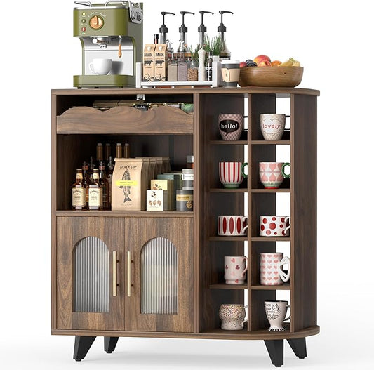 VINAEMO Coffee Bar Cabinet with 24-Cup Display, Large Drawer & Storage,Modern Buffet Sideboard for Kitchen, Medium Wooden Bar Station for Apartment，Walnut