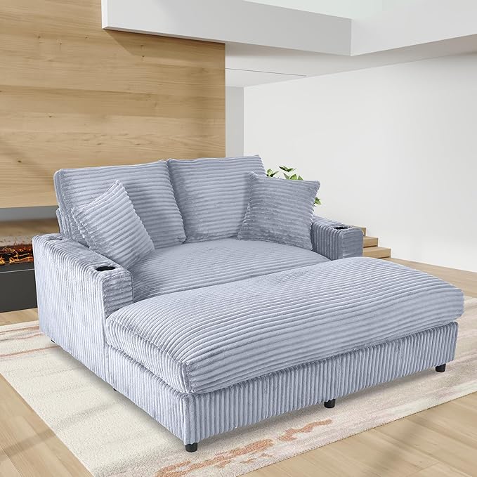 Eafurn 64" Oversized Chaise Lounge Chair Indoor, Plush Corduroy Upholstered Sofa Bed with Pillows & 2 Cup Holders, Extra Wide Deep Seat Sleeper Couch Recliner Chair for Living Room | Removable Cushions, Wooden Frame, Solid Legs