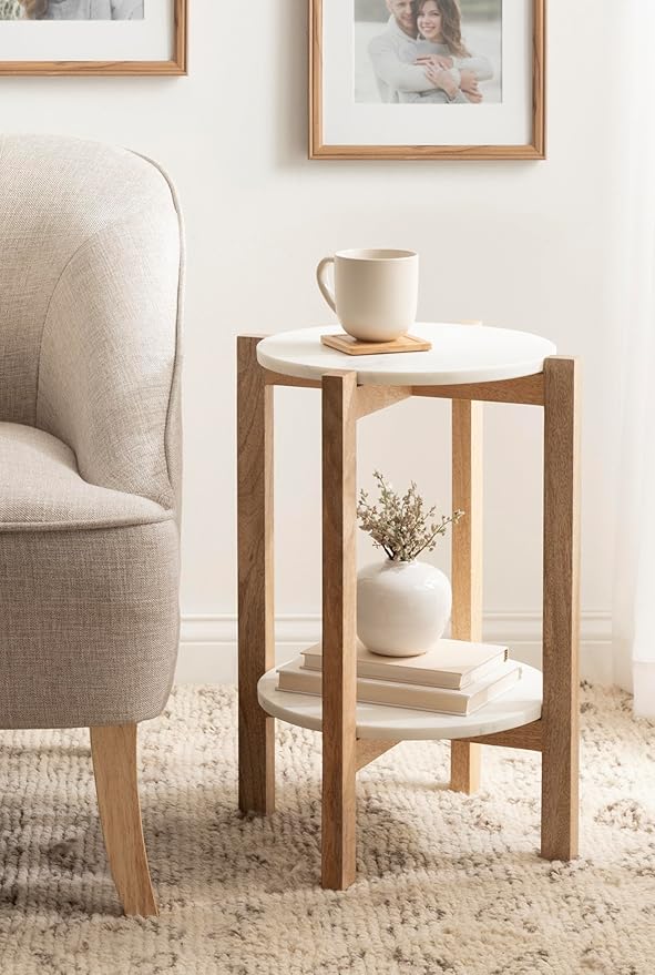 Kate and Laurel Moxley Transitional Round Side Table; 16 x 16 x 22; White Marble and Natural Wood; Tiered Pedestal Table with Authentic Marble Tabletops for Bedroom Nightstand or Indoor Plant Stand