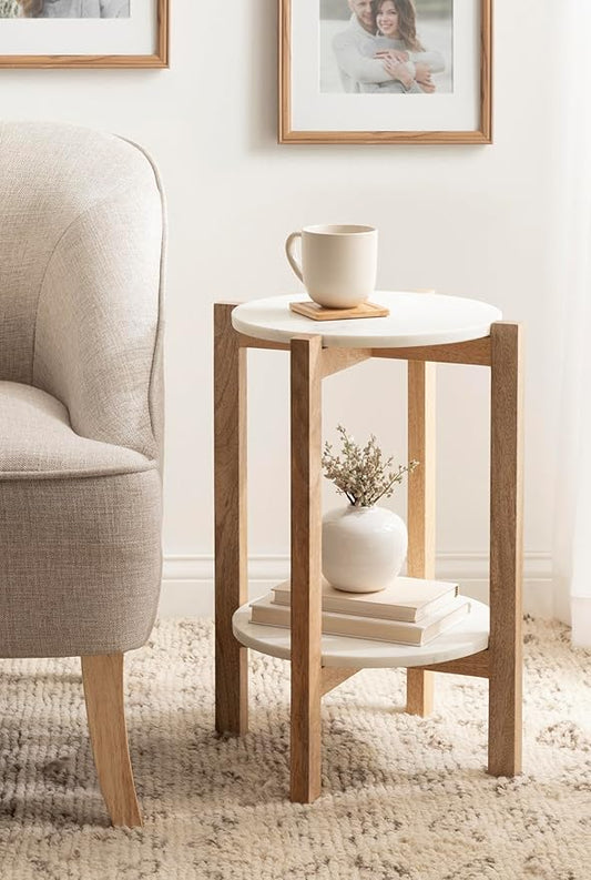 Kate and Laurel Moxley Transitional Round Side Table; 16 x 16 x 22; White Marble and Natural Wood; Tiered Pedestal Table with Authentic Marble Tabletops for Bedroom Nightstand or Indoor Plant Stand