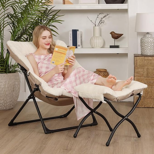 Comfy Saucer Chair for Adults, Soft Faux Fur Bedroom Chair with Ottoman, Accent Dorm Chairs, Living Room Reading Chairs and Footstool, Folding Seat for Teens, X-Large, Beige