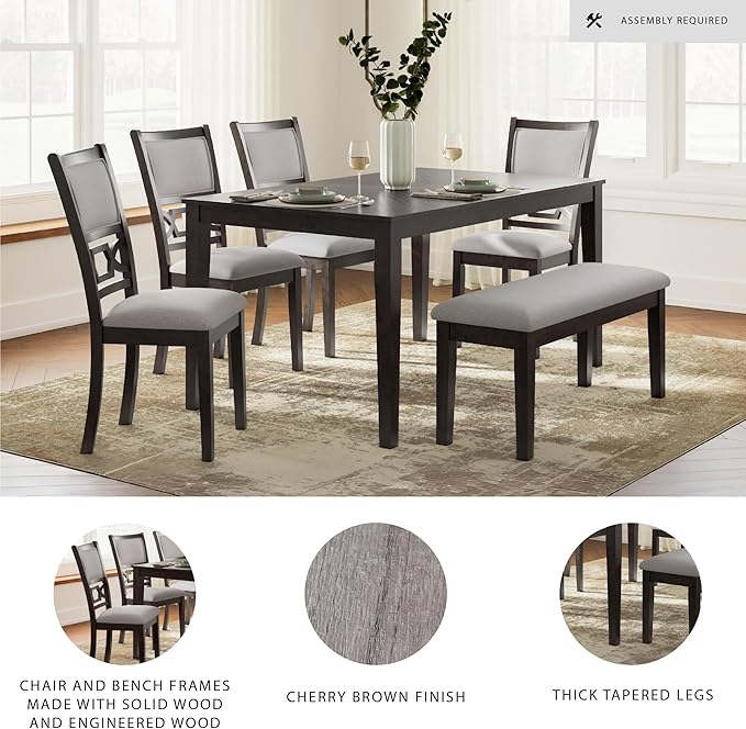 Signature Design by Ashley Langwest Classic Upholstered Dining Table and 4 Chairs and Bench, Set of 6, Dark Brown & Light Gray