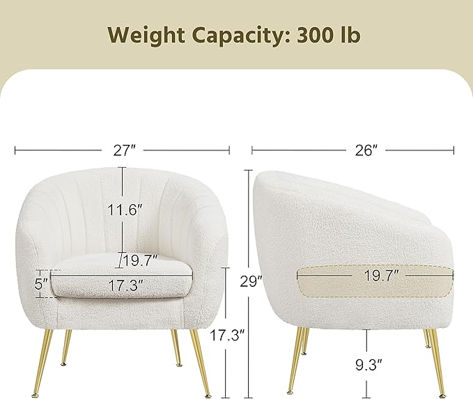 Yaheetech Sherpa Fabric Accent Chair, Modern Cozy Vanity Chair with Gold Metal Legs, Boucle Fabric Armchair with Removable Seat Cushion for Living Room Bedroom Office Guest Room, Ivory