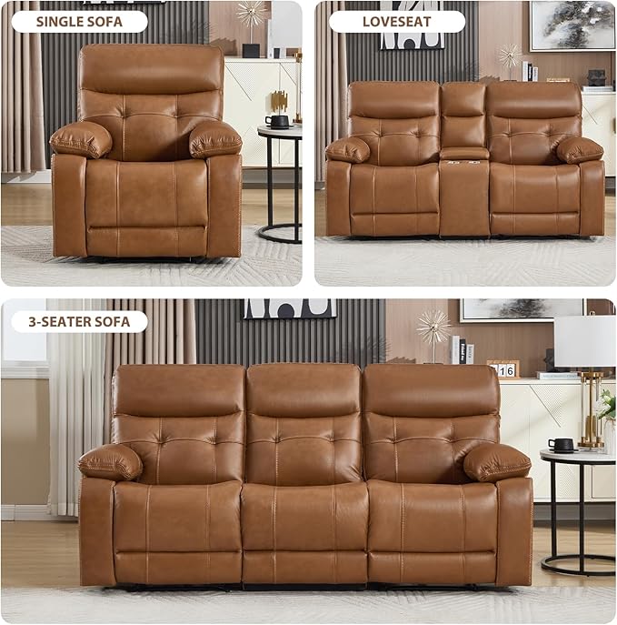CANMOV Genuine Leather Power Reclining Sofa Set,Living Room Furniture Sofa Set,Power Recliner Chair,Loveseat and Sofa with Storage Console, USB Ports, Cup Holders for Living Room,Brown