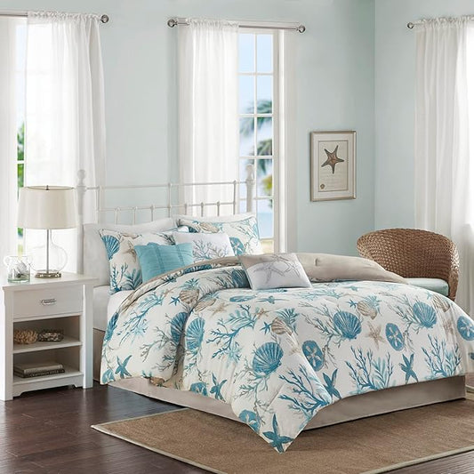 Madison Park Pebble Beach Pebble Beach 100% Cotton Comforter Set - Coastal Coral, All Season Down Alternative Cozy Bedding with Matching Shams, Decorative Pillow, Cal King(104"x92") Aqua 7 Piece