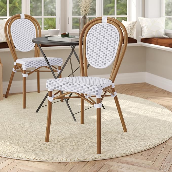 Flash Furniture Lourdes Indoor/Outdoor Commercial Thonet Bistro Stack Chair - White/Gray PE Rattan Back and Seat - Natural Bamboo Print Metal Frame