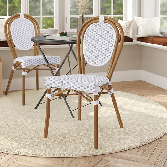 Flash Furniture Lourdes Indoor/Outdoor Commercial Thonet Bistro Stack Chair - White/Gray PE Rattan Back and Seat - Natural Bamboo Print Metal Frame