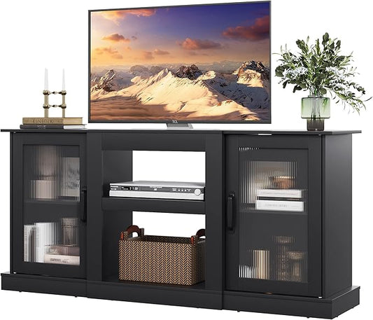 WLIVE Farmhouse TV Stand for 65 inch TV, 58" Entertainment Center with Storage Cabinets, Open Shelves TV Console for Living Room and Bedroom, Black