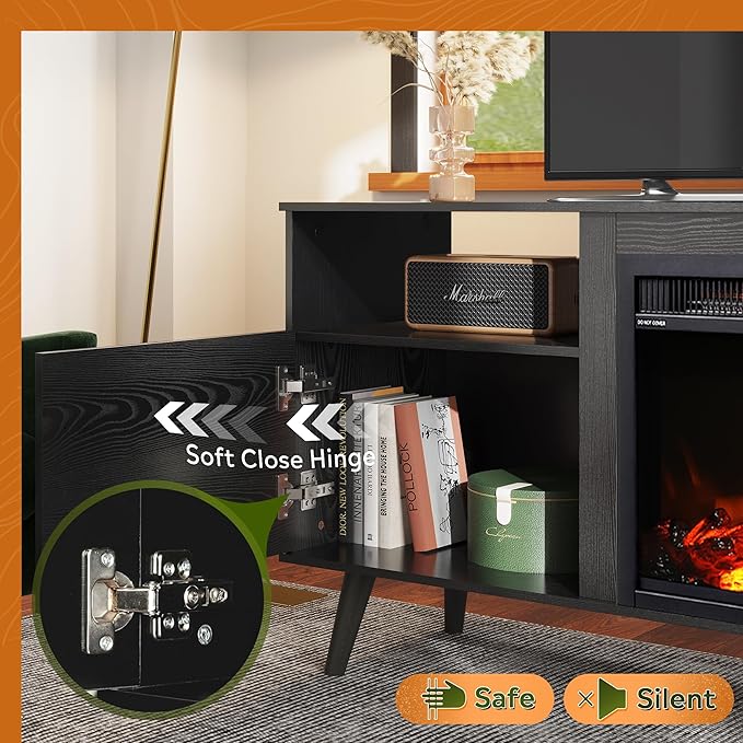 WLIVE Fireplace TV Stand for 55 65 Inch TV, Mid-Century Entertainment Center with Electric Fireplace, Media TV Console with Extra Open Shelf & Storage Cabinets for Living Room, Bedroom, Black