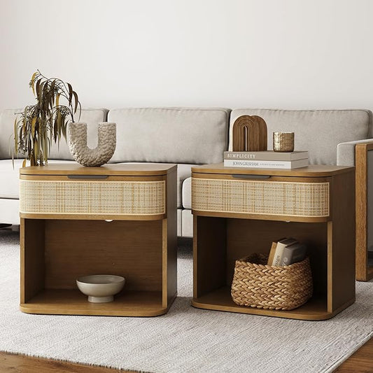 Nathan James Keith Farmhouse Bedside Table, Modern Coastal Nightstand, Rattan Nightstand with 1 Drawer for Bedroom, Light Brown Set of 2