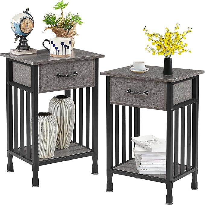VECELO Night Stand Set 2 with Drawer and Storage Shelf,15.7x11.8x23.6 inches Bedside Table End Table,Wood Nightstands for Bedroom, Living Room,Sofa,Hemp Gray,2 Sets
