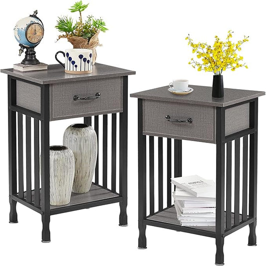 VECELO Night Stand Set 2 with Drawer and Storage Shelf,15.7x11.8x23.6 inches Bedside Table End Table,Wood Nightstands for Bedroom, Living Room,Sofa,Hemp Gray,2 Sets