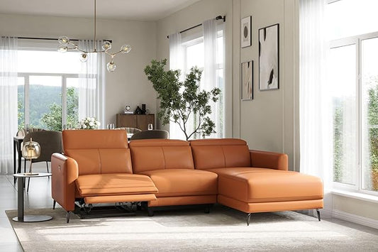 Valencia Andria Reclining Sectional Leather Sofa Right-Facing 99.5" | Italian Nappa 11000 Top-Grain Leather Reclining Sofa | Electric Power Recliner | Stainless Steel Leg, Cognac