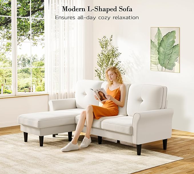 Kidirect 83" Sectional Couch, Velvet L-Shaped Couch 3 Seater Sectional Couches for Living Room, Comfy Fluffy Deep Seat Loveseat, Modular Sectional Sofa with Ottoman for Apartment Office, White Couch