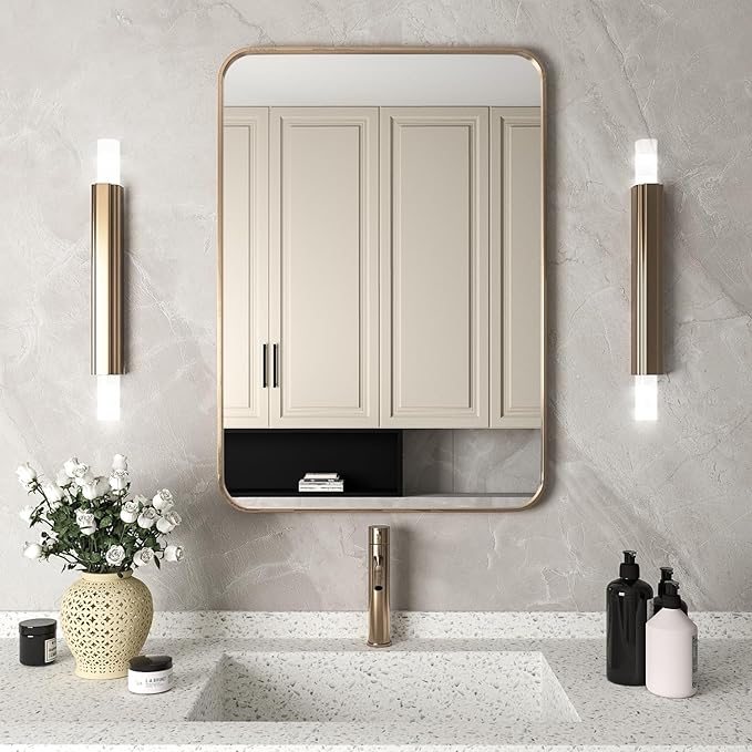 Manocorro Wall Mirror Bathroom Mirror, 20 x 28 Inch Vanity Mirror with Aluminum Alloy Frame, Rounded Corner Hanging Mirror Decor for Entryway, Bedroom, Living Room, Gold