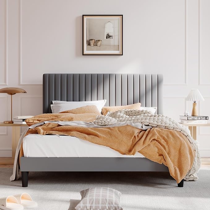 SHA CERLIN Queen Upholstered Platform Bed Frame with Vertical Channel Tufted Velvet Fabric Adjustable Headboard, Wooden Slats Support, Mattress Foundation, Box Spring Optional, Grey