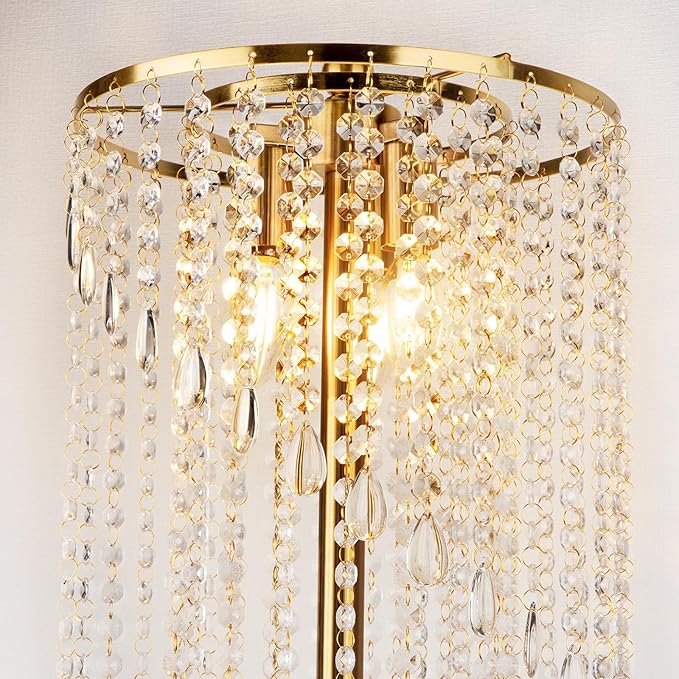 QiMH Gold Floor Lamps for Living Room, 63" Tall Lamp for Corner, Modern Floor Lamp with Double-Layer Crystal Lamp Shade, Standing Lamp for Bedroom, Office, Reading (2700K LED Bulbs Included)
