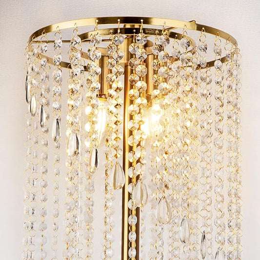 QiMH Gold Floor Lamps for Living Room, 63" Tall Lamp for Corner, Modern Floor Lamp with Double-Layer Crystal Lamp Shade, Standing Lamp for Bedroom, Office, Reading (2700K LED Bulbs Included)