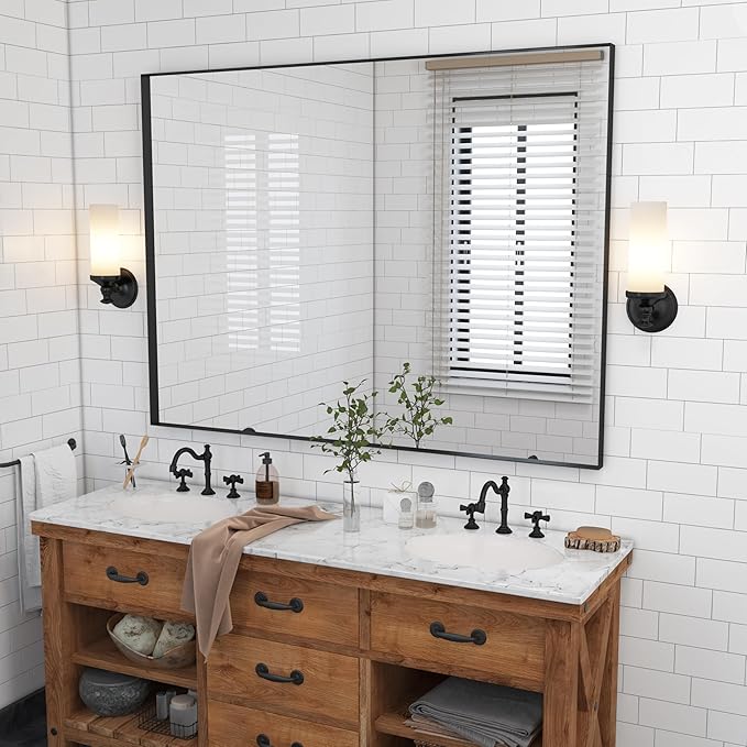 VocalStar Black Bathroom Mirror for Wall, 48 x 36 Inch Large Square Corner Rectangle Metal Framed Bathroom Vanity Mirrors Modern Farmhouse, 1/4-inch Shatterproof Glass | Ultra-Flush Hanging