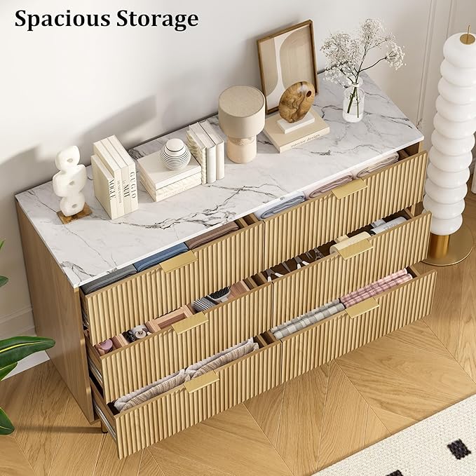 GAOMON 6 Drawer Dresser for Bedroom Chest of Drawers, 47" Wide Fluted Dresser with Drawers, Modern Wooden Double Dressers with Metal Handles for Living Room, Hallway