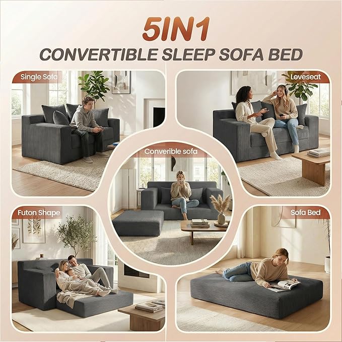 Convertible 5 in 1 Futon Sofa Bed Full Size, Corduroy Boneless Couch Sleeper Sofa with 4 Pillows, Foldable Pull Out Loveseat Floor Mattress for Living Room, Apartment, Small Space & Dorm