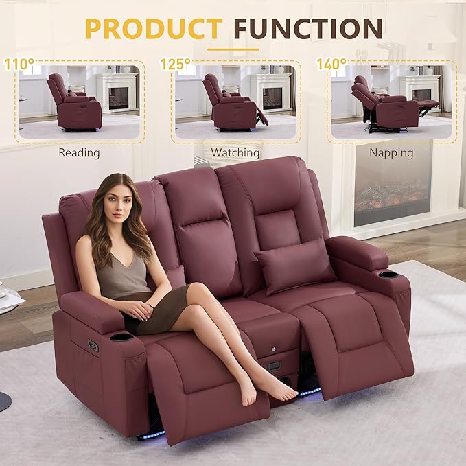 URRED Power Loveseat Recliner Sofa with Console, Wall Hugger Reclining Loveseat RV Couch with LED Light, 150° Zero Gravity Recliners Modular Couches for Living Room (Red, 68.1'' - 2 Seats)