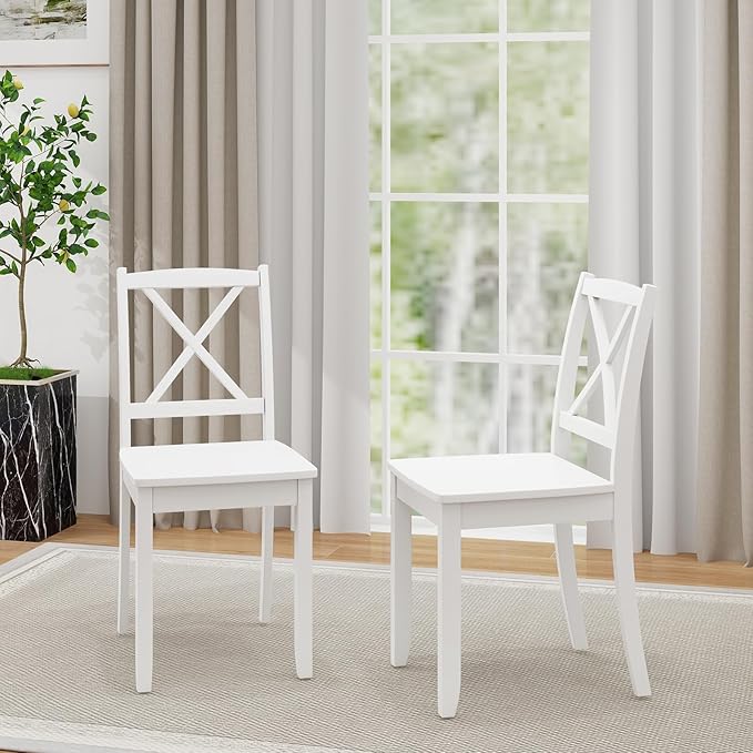 Giantex Wood Dining Chairs Set of 2, Armless Kitchen Chair w/Rubber Wood Legs & Curved Backrest, Farmhouse Cross Back Diner Chair, Wooden Side Chairs for Home Dining Room, Load 400 LBS, White