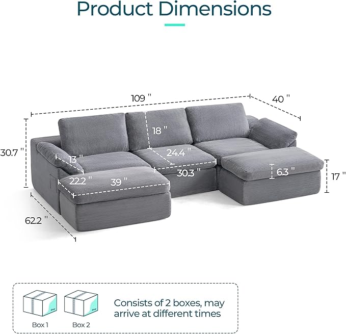 LINSY HOME 109" Modular Couch Modern Boneless Cloud Couch, U Shaped Sofa with Movable Ottomans, Deep Seat Corduroy Sectional Couches for Living Room, Apartment, No Assembly Required, Grey