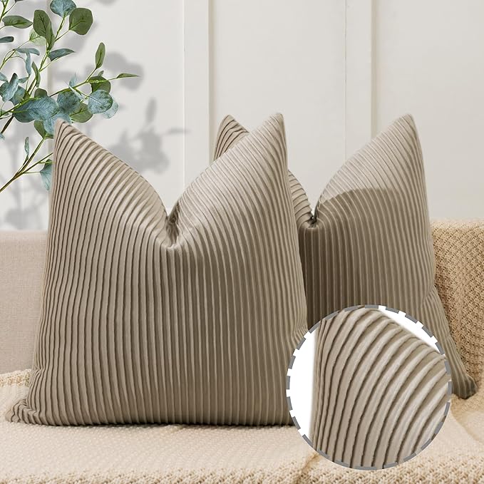 YCOLL Khaki Pillow Covers 18x18 Set of 2 Velvet Striped Pattern - Soft Throw Pillows for Home Decor, Luxury Decorative Pillow Covers for Couch, Bed,Living Room