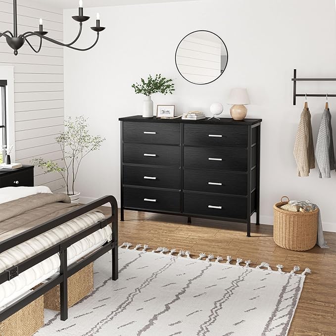 BOLUO Black Dresser for Bedroom 8 Drawer, Wide Dresser TV Stand for 50" TV Dressers & Chests of Drawers Fabric Dresser for Closet Modern