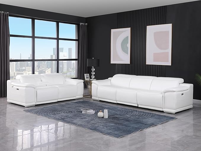 BlackJack Furniture Venice Top Grain Italian Leather Recliner 5 Seater 4 Power Reclining Seater 2 Piece Sofa Set with Adjustable Headrests Modern Seating Sofa and Loveseat for Living Room , White