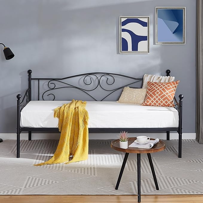 VECELO Daybed Frame, Twin Size Metal Platform Bed with Headboard,Heavy Duty Steel Slats Support for Living Room Bedroom Guest Room, Easy Assembly