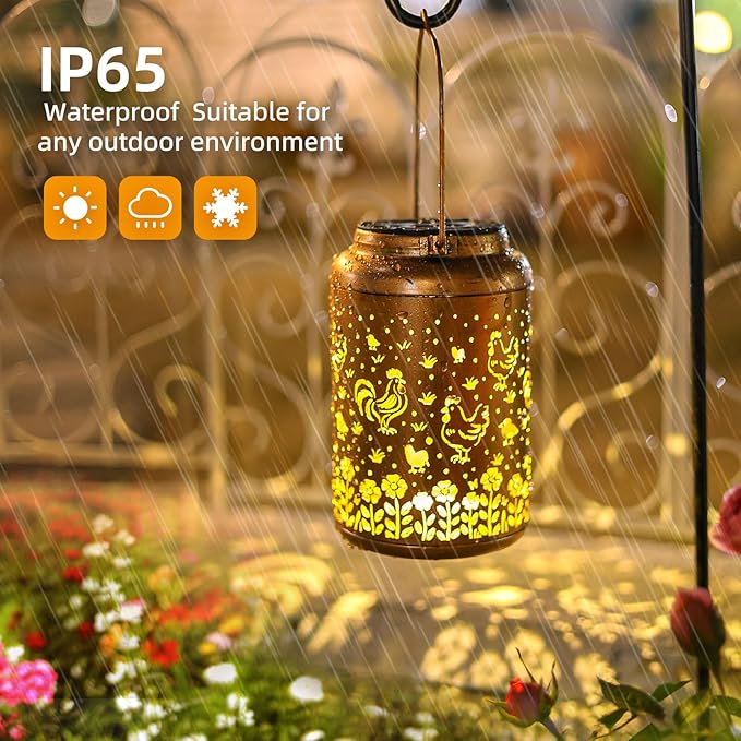 Chicken Solar Lanterns Outdoor Hanging Waterproof Solar Lights Gifts for Women Men Mom Outside Metal Decoration for Garden, Porch, Lawn,Yard, Patio, Landscape