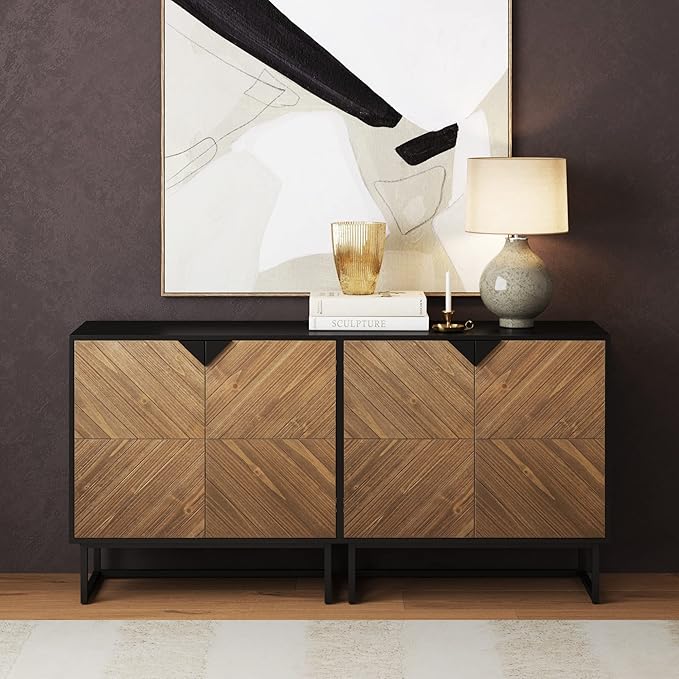 Nathan James Enloe Modern Sideboard Buffet Storage Accent Cabinet TV Stand with Doors in Rustic Pine Wood Finish and Matte Metal Base for Hallway, Kitchen or Living Room, Walnut Brown/Black, Set of 2