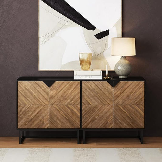 Nathan James Enloe Modern Sideboard Buffet Storage Accent Cabinet TV Stand with Doors in Rustic Pine Wood Finish and Matte Metal Base for Hallway, Kitchen or Living Room, Walnut Brown/Black, Set of 2