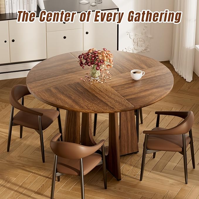 47" Round Dining Table for 4-6, Farmhouse Wood Kitchen Table, Mid-Century Wooden Circle Dinner Room Table Easy Assembly for Dining Room, Kitchen, Living Room (Walnut Wood)