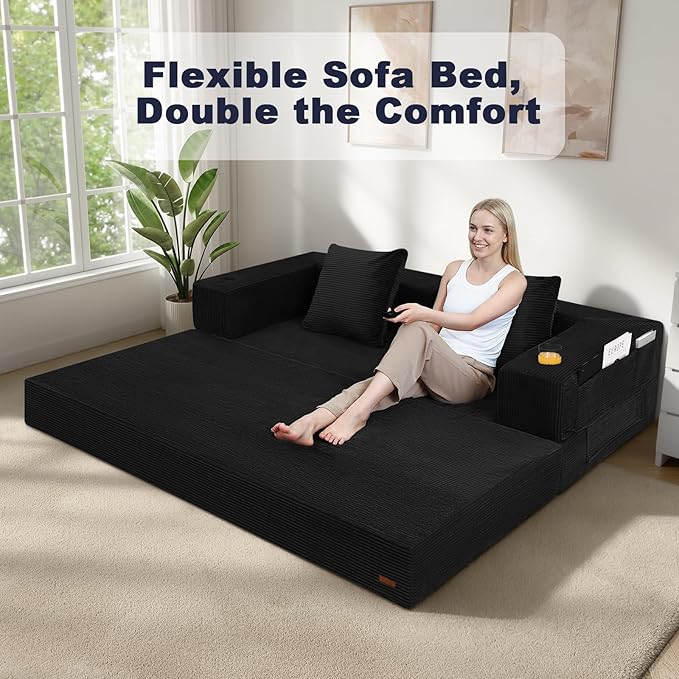 COMAX Boneless Couch, Futon Sofa Bed Couches Versatile Queen for Living Room, 79" 4 in 1 Convertible Sleeper Corduroy Couch Foam in a Box, Foldable Fold Out Floor Mattress No Assembly Required, Black