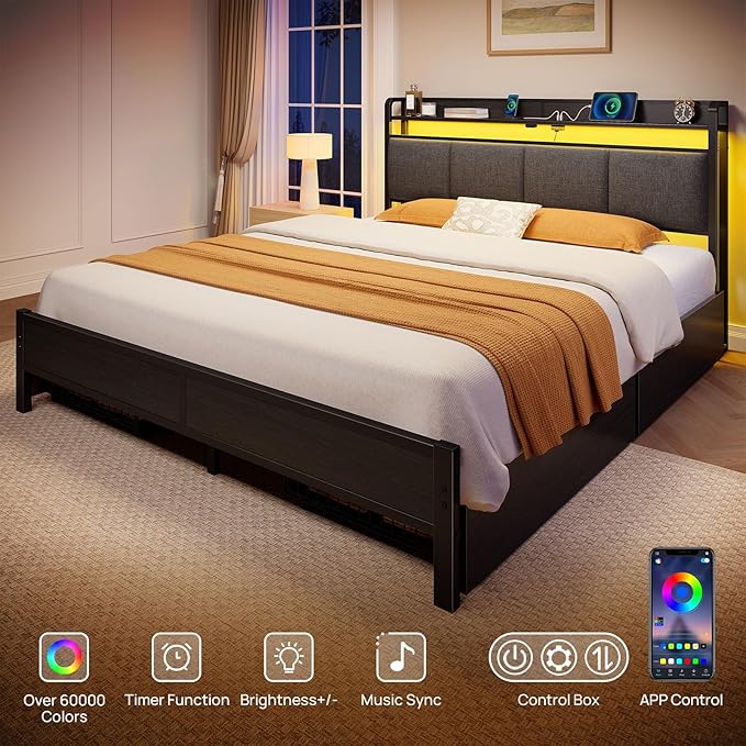 Rolanstar Bed Frame Full Size with Charging Station and LED Lights, Upholstered Storage Headboard with Drawers, Heavy Duty Metal Slats, No Box Spring Needed, Noise Free, Easy Assembly, Dark Grey