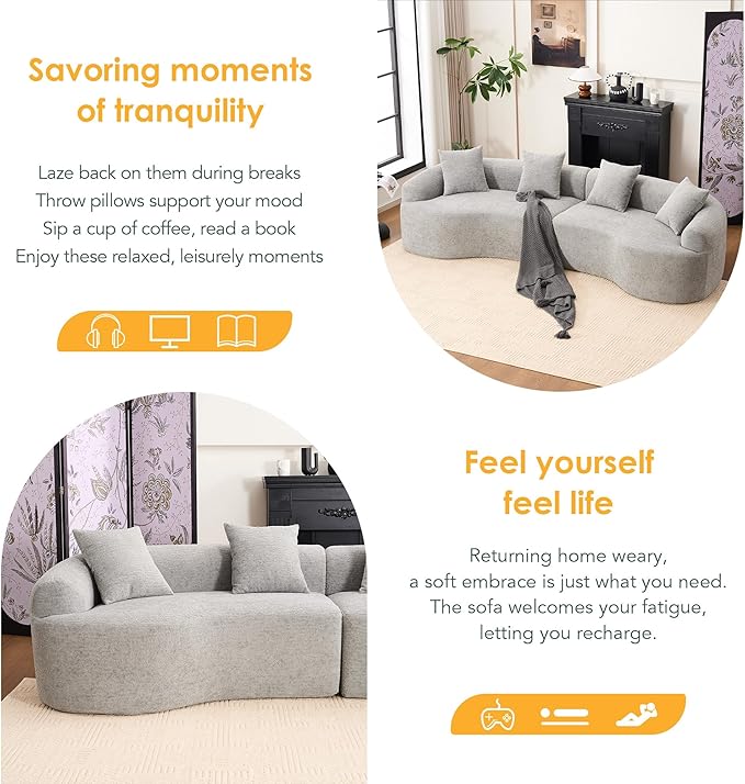 110" Oversized Cloud Sectional Sofa Modern Curved Boneless Couches for Living Room, 4-Seater Extra Deep Seat Foam Floor Compressed Couch w/Tight Backrest and 4 Pillows,Chenille Sofa & Couches | Breathable material, Non-slip, No Assembly Required