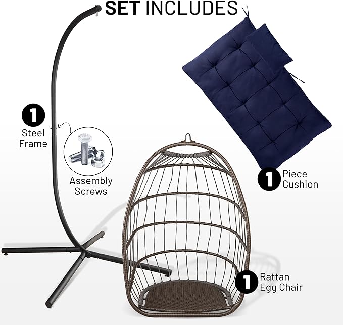 SereneLife Egg Chair with Stand – Hanging Rattan Wicker Swing for Indoor Outdoor Use – 350 lbs Capacity, Breathable Cushion & Headrest – Patio, Balcony, Porch, Bedroom Lounge Furniture
