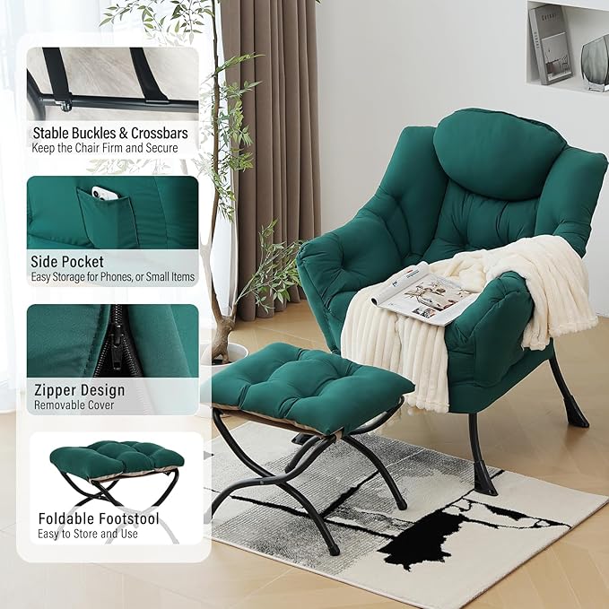 Lazy Chair with Ottoman, Modern Chair with Folding Footrest, Dark Green Accent Chair, Comfortable Reading Chair, Oversized Armchairs for Bedroom, Study, Living Room, Courtyard