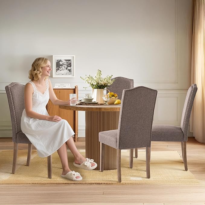 Upholstered Dining Chair Modern Stylish Parsons Kitchen Diner High Back with Silver Nailhead Trim & Wood Legs, Set of 4, Fabric Brown