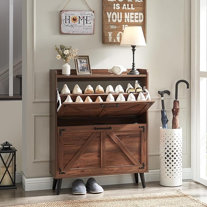 Shoe Storage Cabinet with 2 Flip Drawers, Farmhouse Hidden Shoe Organizer, Narrow Slim Shoe Rack Cabinet for Entryway Hallway,Walnut