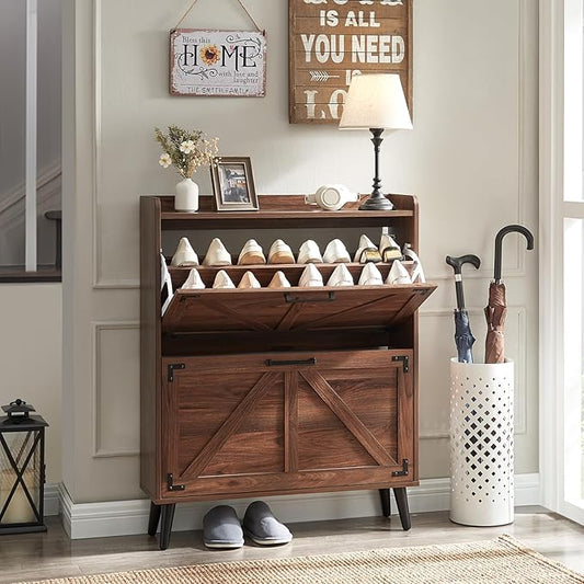 Shoe Storage Cabinet with 2 Flip Drawers, Farmhouse Hidden Shoe Organizer, Narrow Slim Shoe Rack Cabinet for Entryway Hallway,Walnut