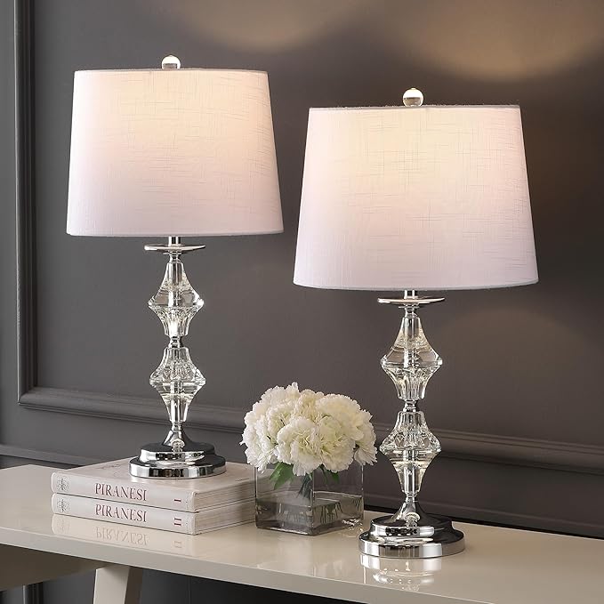 JONATHAN Y 27.5" Clear Crystal Table Lamp Set of 2 for Living Room Bedroom, Glam Traditional Chrome Nightstand Lamps, White Linen Drum Shade, LED Bulbs Included JYL2037A-SET2