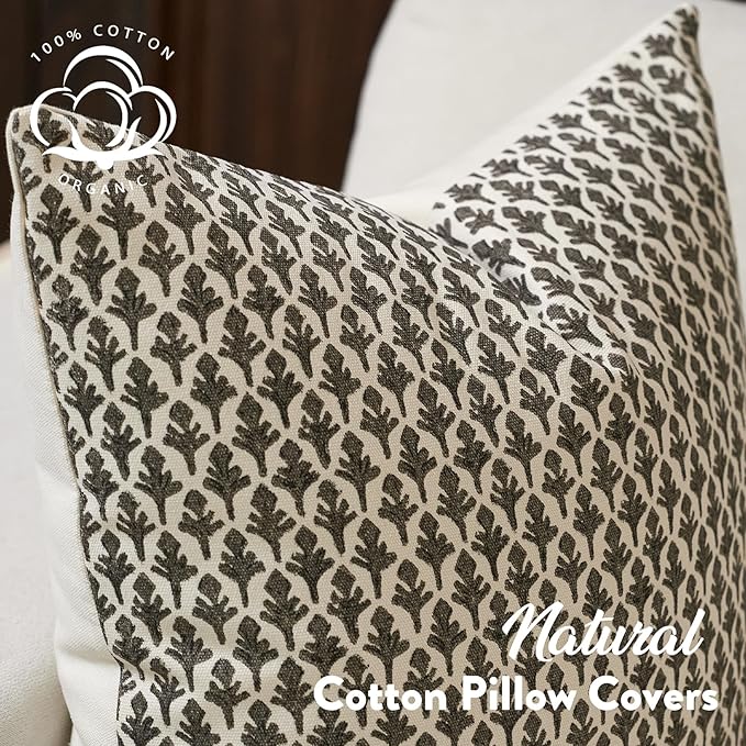 FIOUOVO Floral Pillow Covers 24x24 Pillow Cover Block Print Couch Pillows for Living Room Decorative Neutral Accent Throw Pillow Covers, 1PC, Charcoal Black