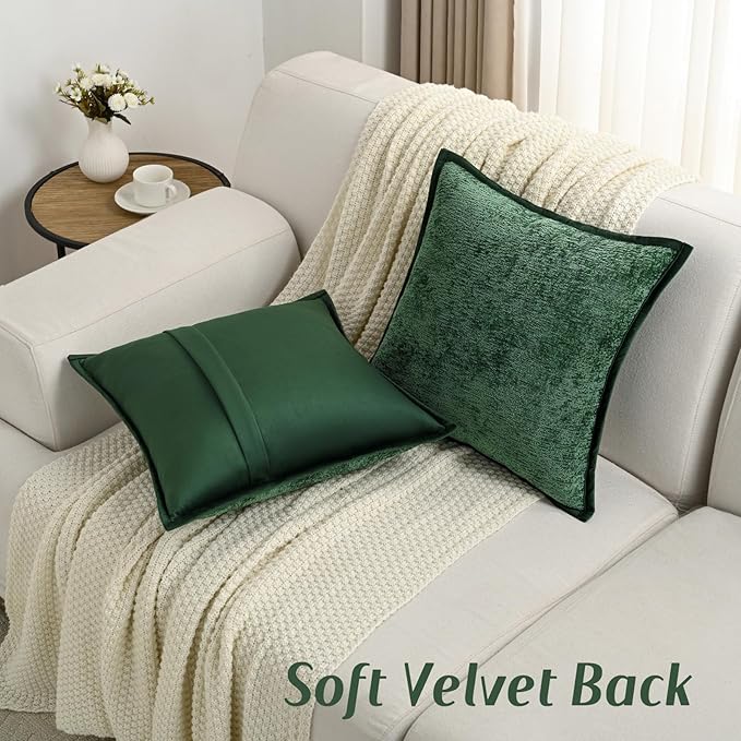 FUTEI Dark Green Chenille Throw Pillow Covers 18x18 Inch Set of 2,Soft Cozy Bound Edge Design Cushion Case,Home Decor for Couch Bed Living Room