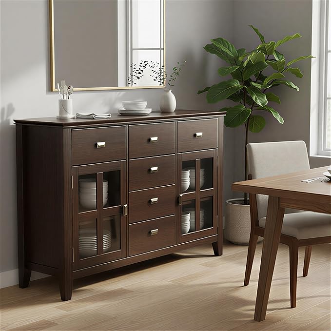 SIMPLIHOME Artisan Buffet - 54 inch Wide Solid Wood 3-Door Sideboard Buffet in Dark Chestnut Brown, Transitional Storage Cabinet for Dining Room or Kitchen with Adjustable Shelves and Bronze Hardware