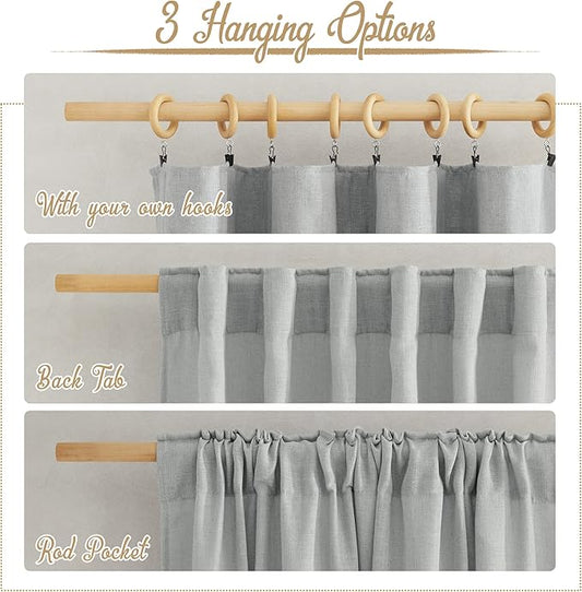 NICETOWN Linen Light Gray Curtains for Living Room, Rod Pocket & Back Tab Top Flax Linen Blend Semi Sheer Eclectic Drapes Privacy with Light Filtering for Kids Room, W52 x L84, 2 Pieces