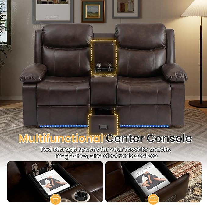 Power Loveseat Recliner Sofa with Console, Electric Reclining Couch with Colorful Light/Storage/USB/Type C, RV Wall Hugger Recliners Loveseat for Living Room & Home Theater & RV
